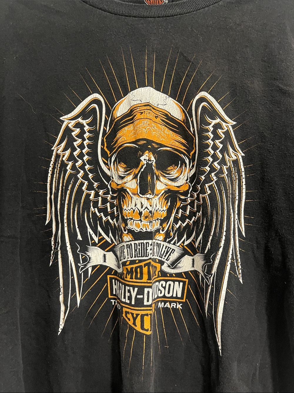 Harley-Davidson Black Tee with Orange & White Skull Wings Graphic - Picture 2 of 9